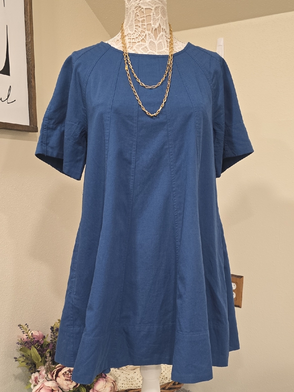 FREE PEOPLE Becca Navy Blue Cotton Blend Swing Shift Mini Dress